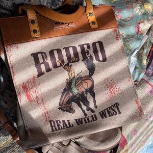 Wrangler Canvas Messenger Bag in Tan and Brown with Rodeo Graphic